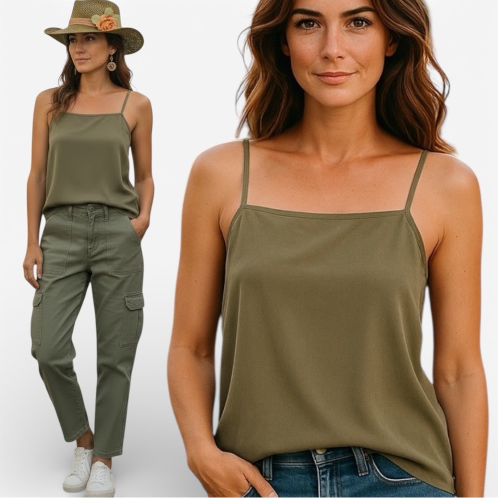 VINTAGE CAMISOLE 80s L'EQUIPE Designer 100% Silk  Spagetti Straps Olive green XS